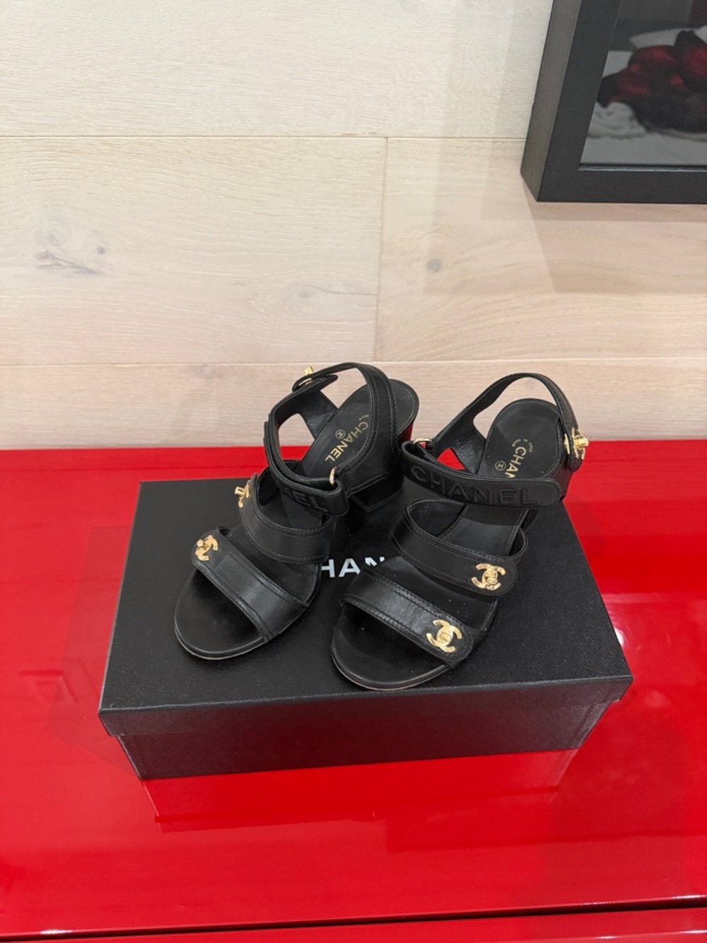 CHANEL Black Leather Multi-Strap Sandals with Gold CC Hardware